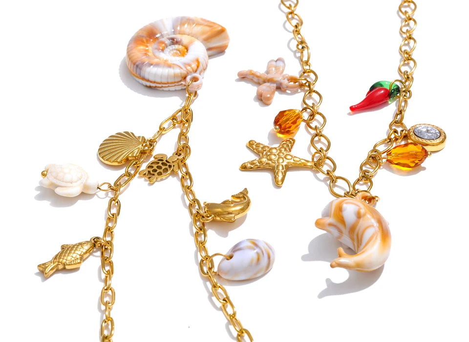 Shell Resin Ocean Charm Pendant Necklace – Waterproof 18K Gold Plated Necklace | Ezra Gems
