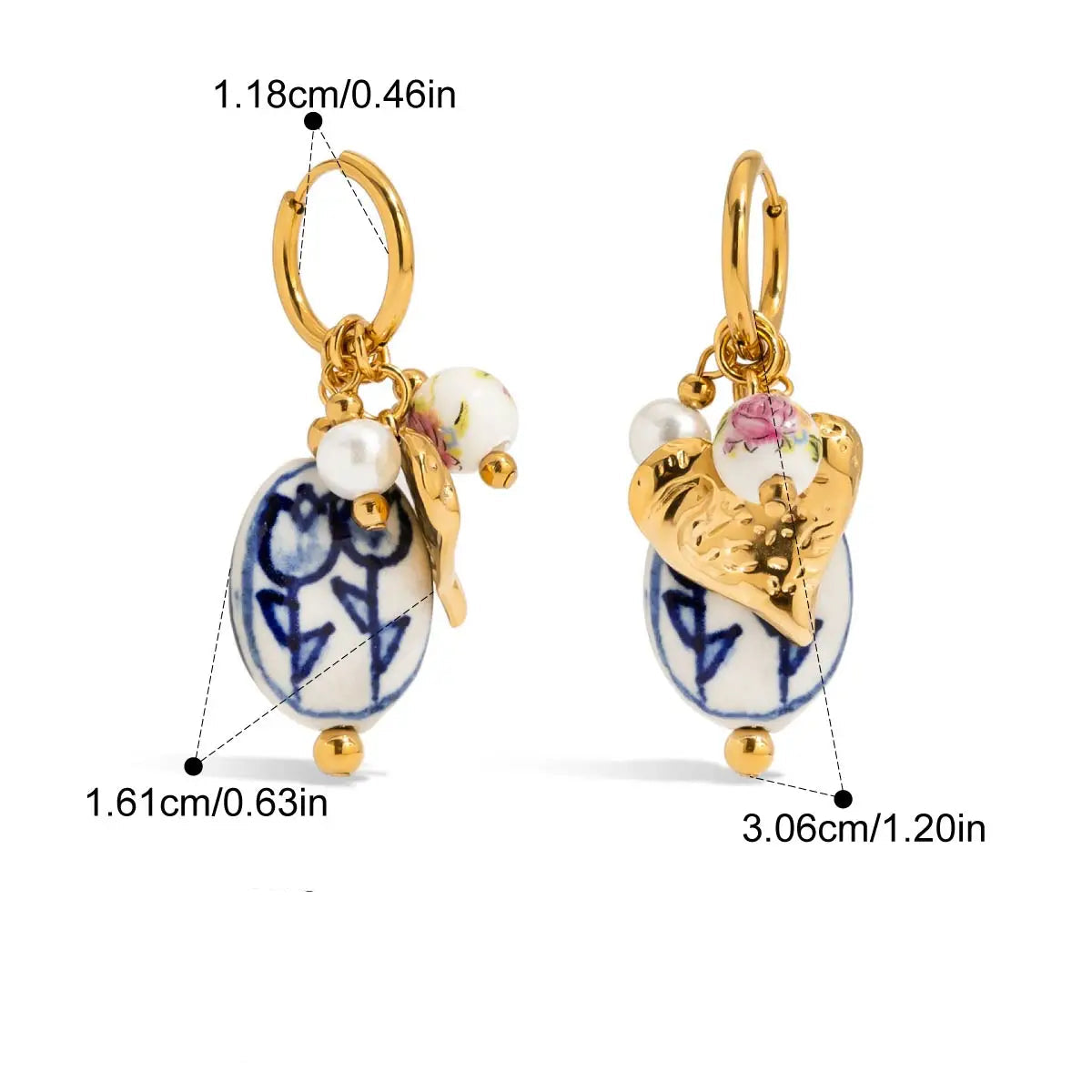 Pair of earrings with gold accents and ceramic elements, shown with measurements on a white background.
