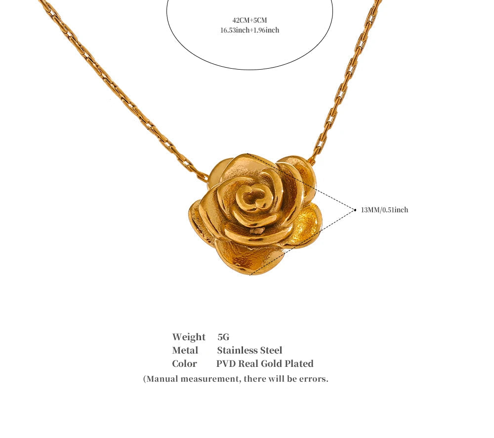 Gold rose-shaped pendant on a chain with measurements and material details.