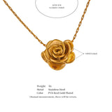Gold rose-shaped pendant on a chain with measurements and material details.