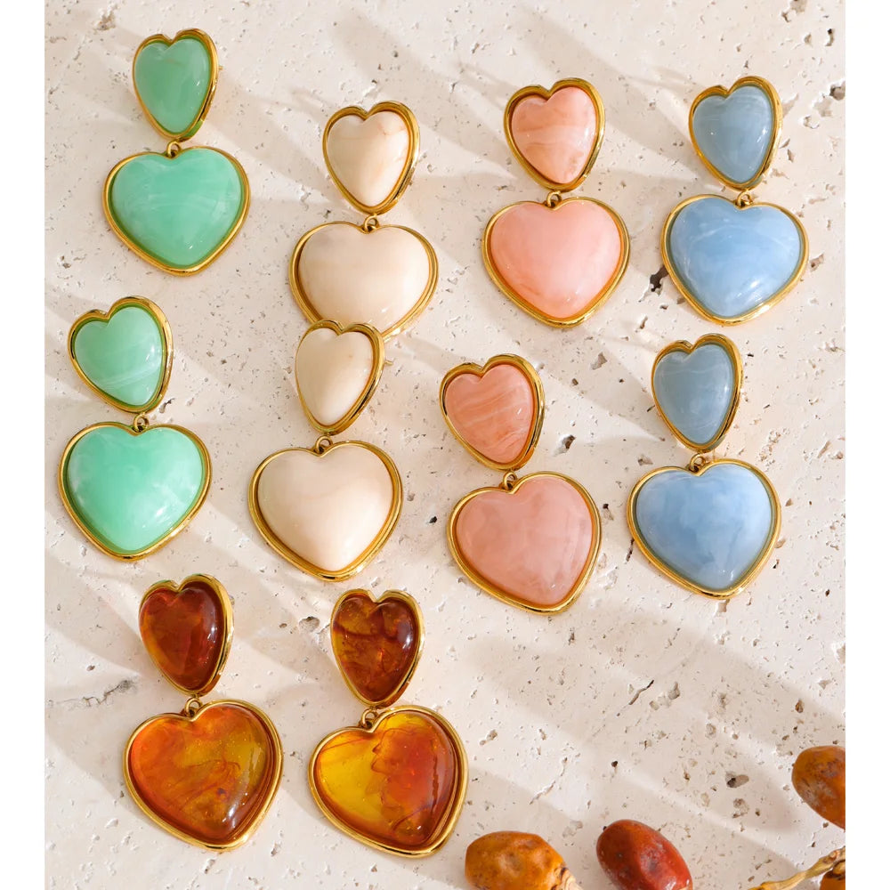 Sweet Acrylic Resin Heart Drop Earrings – Waterproof 18K Gold Plated Earrings | Ezra Gems