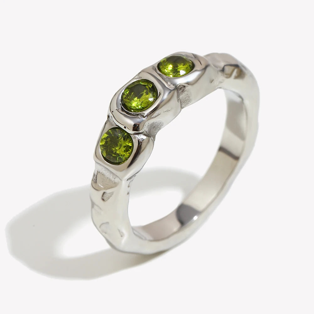 Three Stone Green Zircon Ring – Waterproof 18K Gold Plated Ring | Ezra Gems