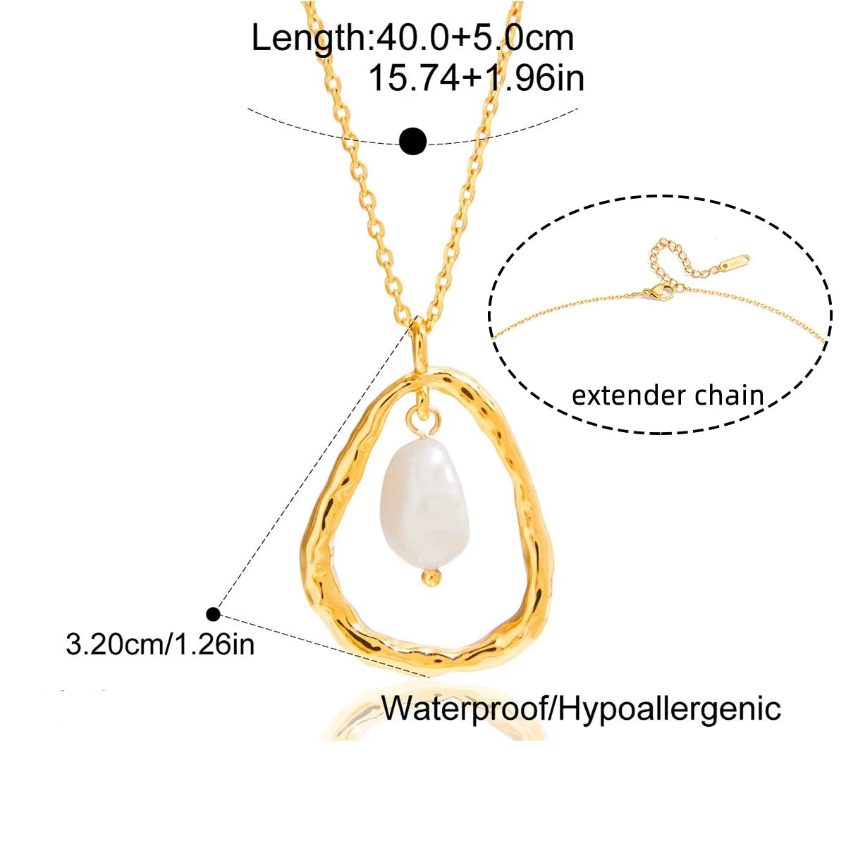 Gold necklace with a pearl pendant, showing measurements and extender chain details.