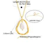 Gold necklace with a pearl pendant, showing measurements and extender chain details.