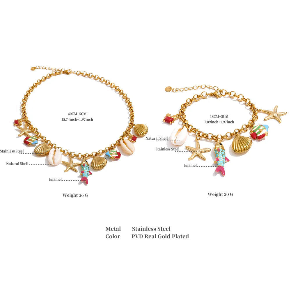 Ocean Charm Enamel Starfish Necklace & Bracelet Set — waterproof hypoallergenic stainless steel 18K gold-plated jewelry | Ezra Gems