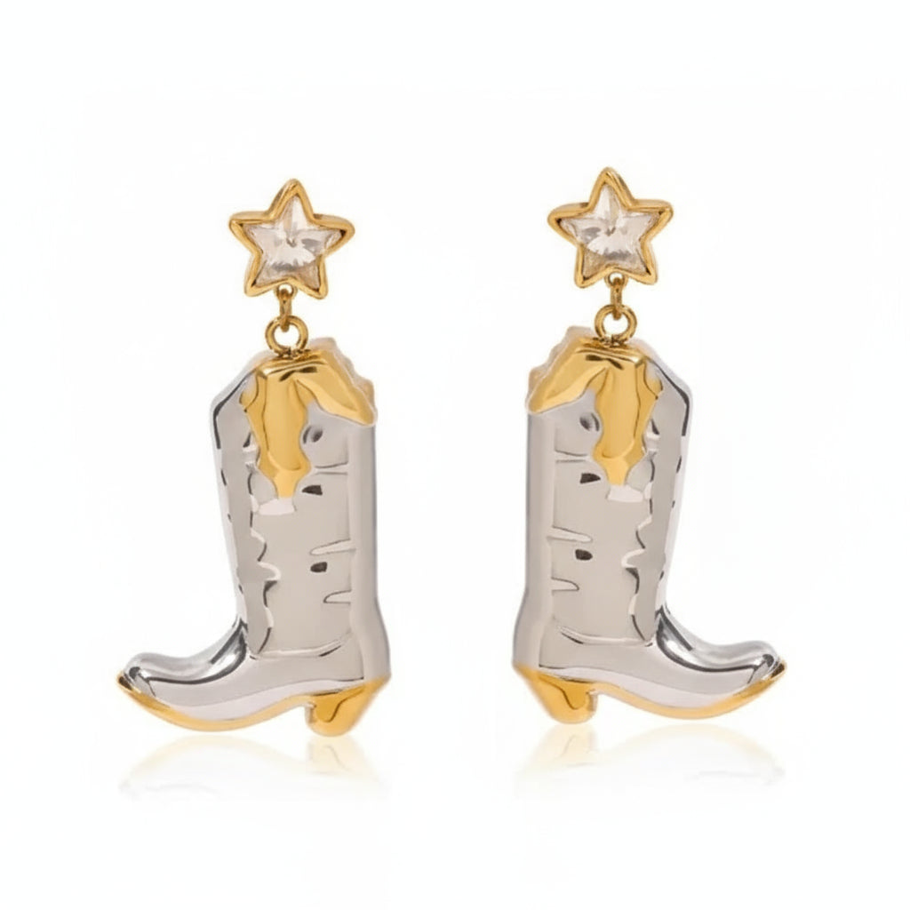 Cowboy boot earrings with star details on a white background