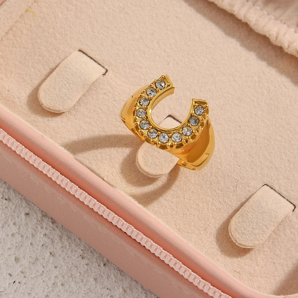 Crystal Pave U Initial Ring – Waterproof 18K Gold Plated Ring | Ezra Gems