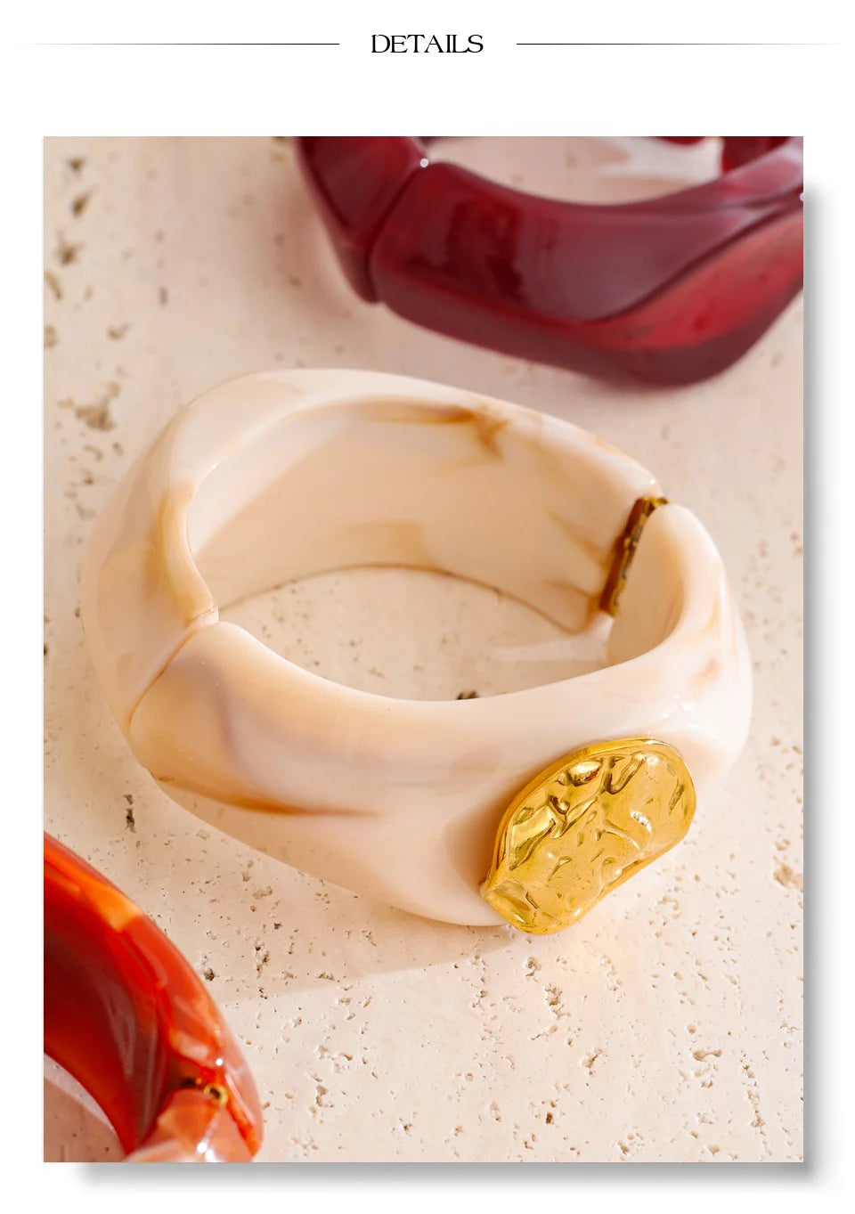 Multi-color resin wide bangle flat lay — 8 shades including orange, blue, and olive green