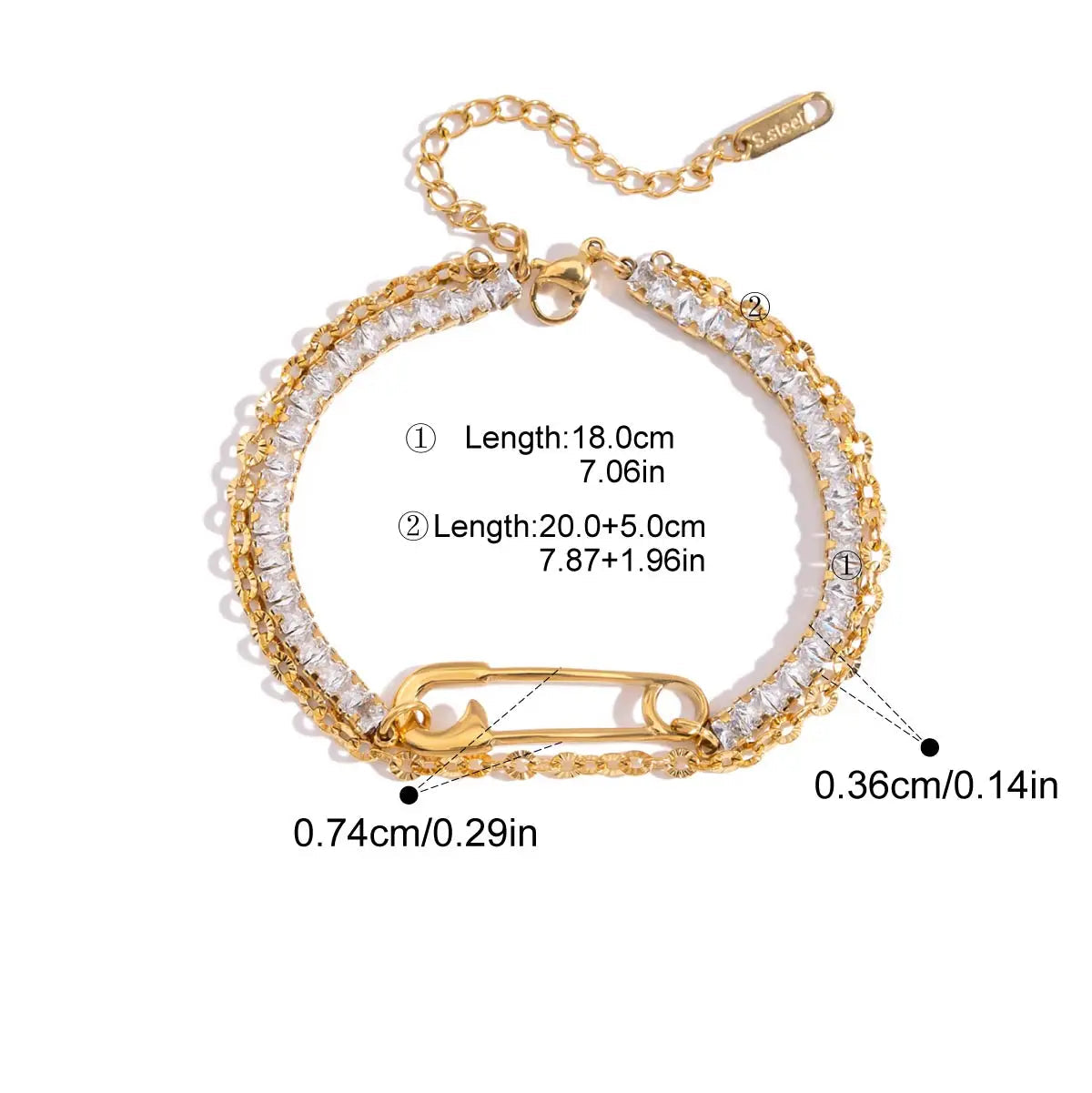 Gold bracelet with clear stones and measurement details on a white background
