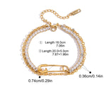 Gold bracelet with clear stones and measurement details on a white background