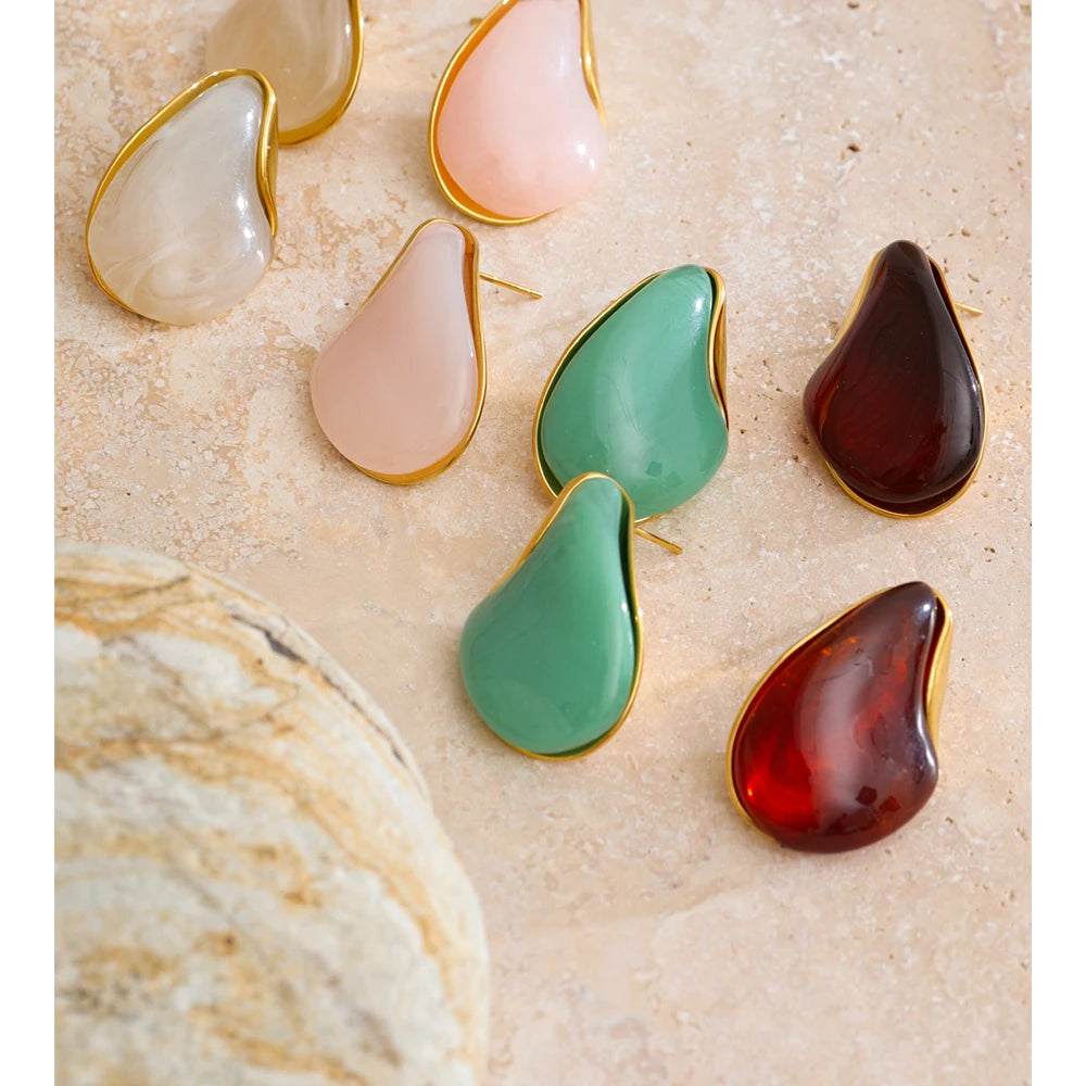 Resin Water Drop Stud Earrings – Waterproof 18K Gold Plated Earrings | Ezra Gems