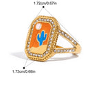 Gold ring with a cactus design on an orange background, showing measurements and product details.