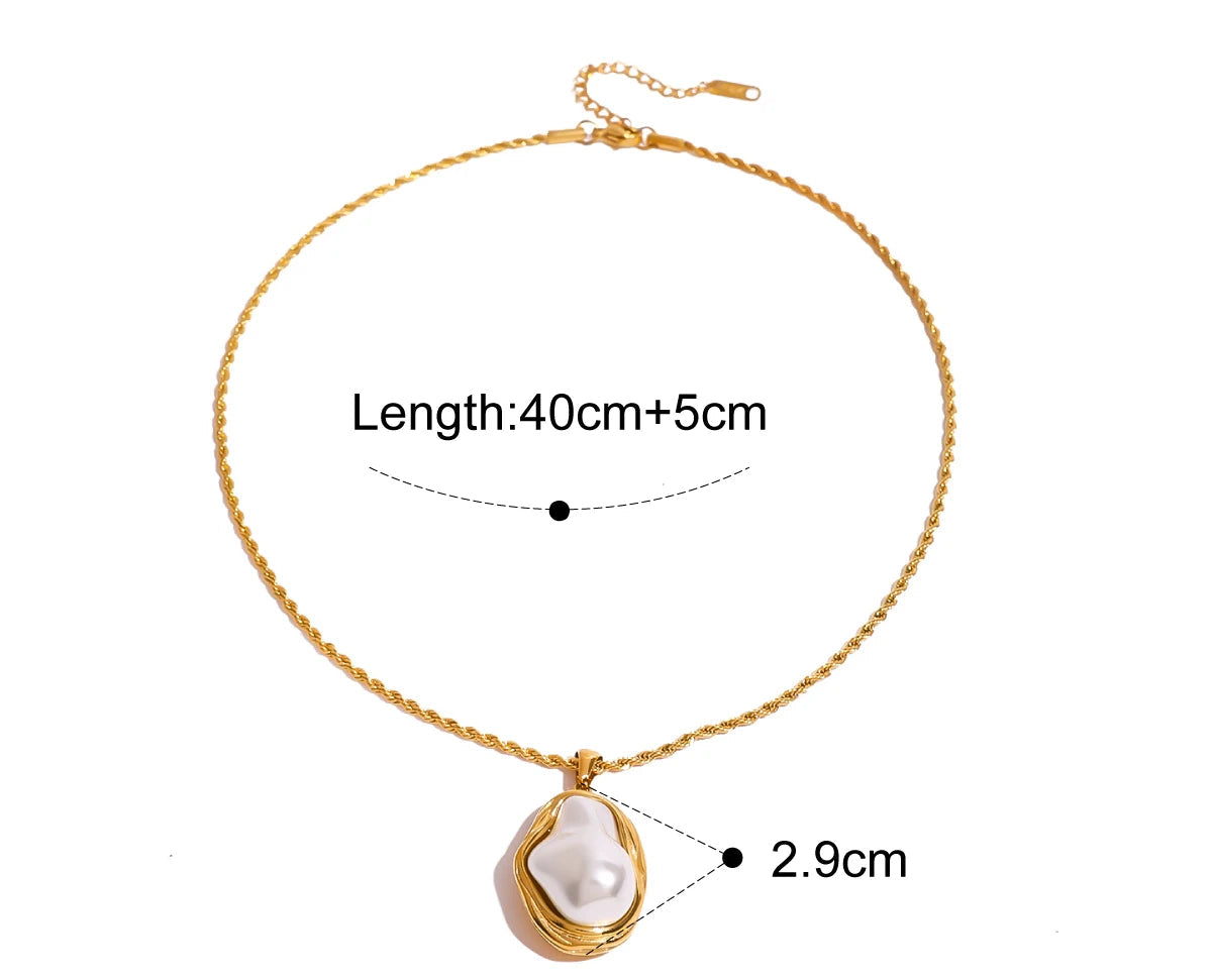 Gold necklace with a pearl pendant, showing measurements and product details on a white background.

