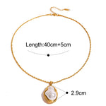Gold necklace with a pearl pendant, showing measurements and product details on a white background.

