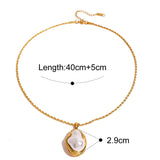 Gold necklace with a pearl pendant, showing measurements and product details on a white background.

