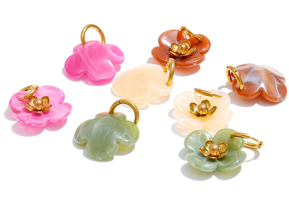 Resin Flower Drop Hoop Earrings – Waterproof 18K Gold Plated Earrings | Ezra Gems
