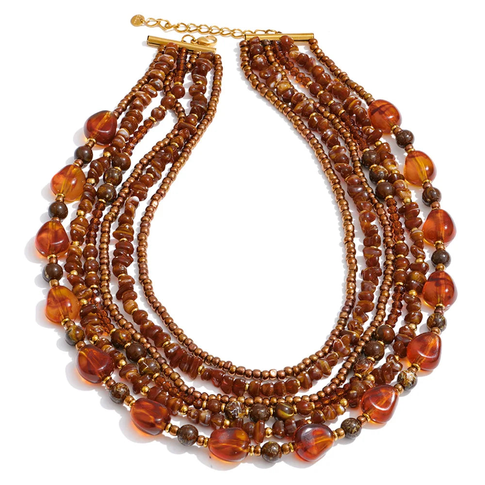 Layered Resin Bead Bib Necklace – Waterproof 18K Gold Plated Necklace | Ezra Gems