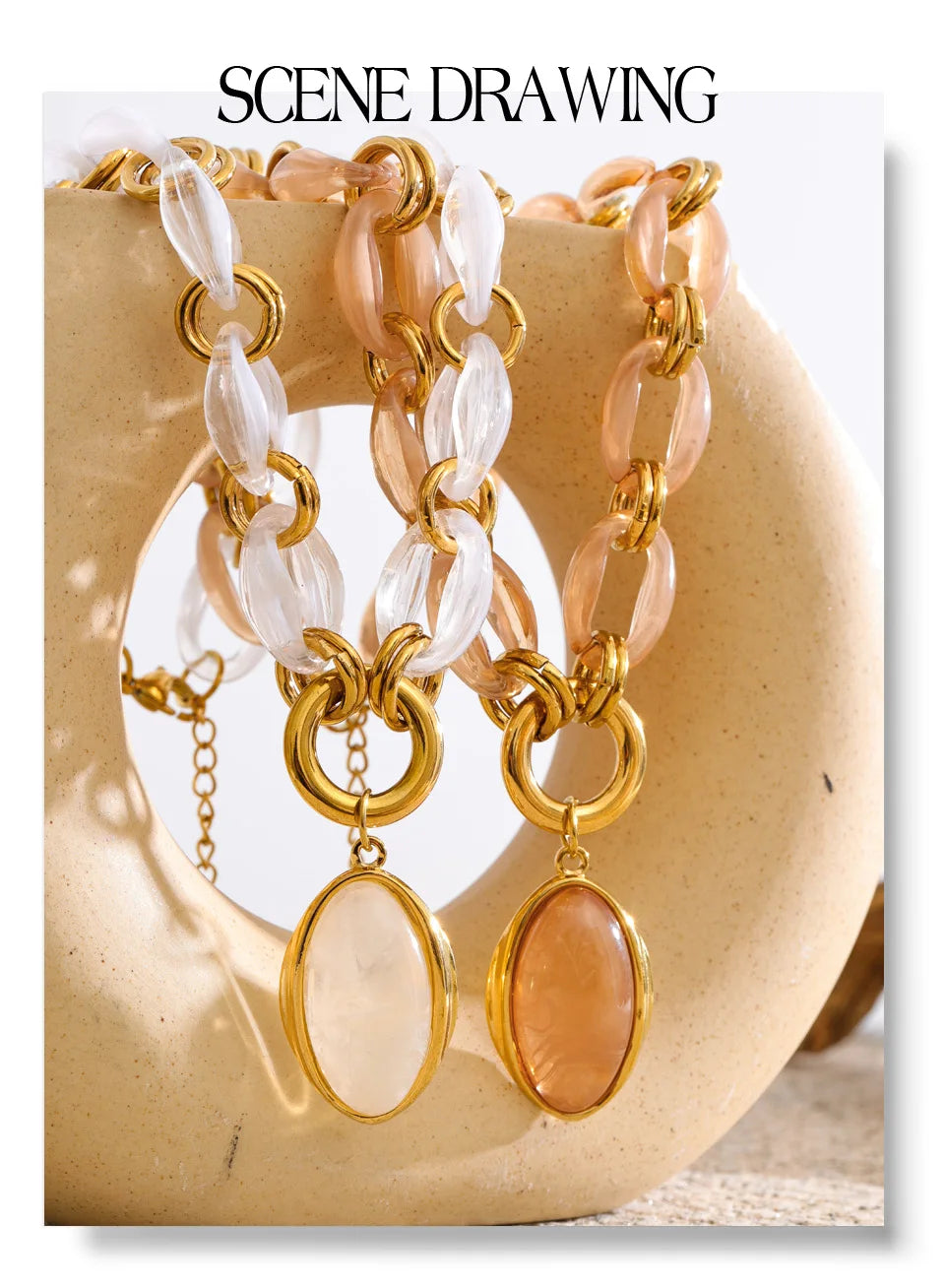 Resin Oval Pendant Chain Necklace – Waterproof 18K Gold Plated Necklace | Ezra Gems