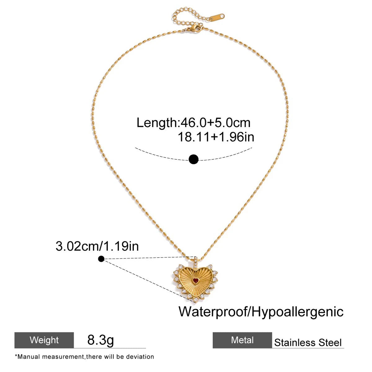 Red Rhinestone Ribbed Heart Pendant Necklace – Waterproof 18K Gold Plated Necklace | Ezra Gems