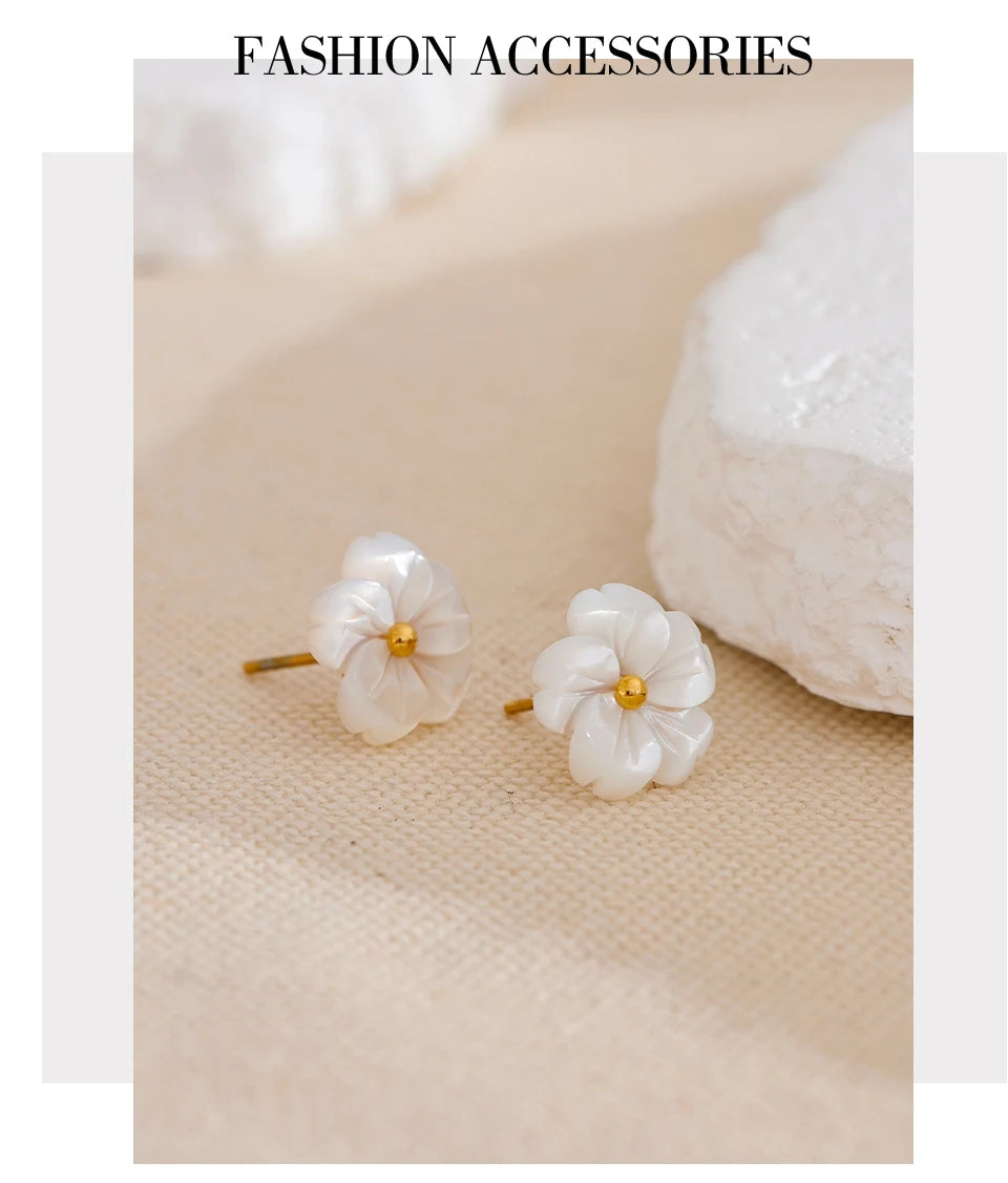 Natural Shell Flower Stud Earrings – Waterproof 18K Gold Plated Earrings | Ezra Gems