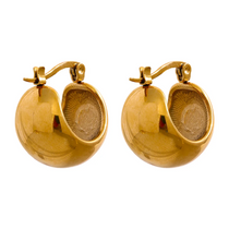 Small chunky gold plated hoop earrings with engraved coin design