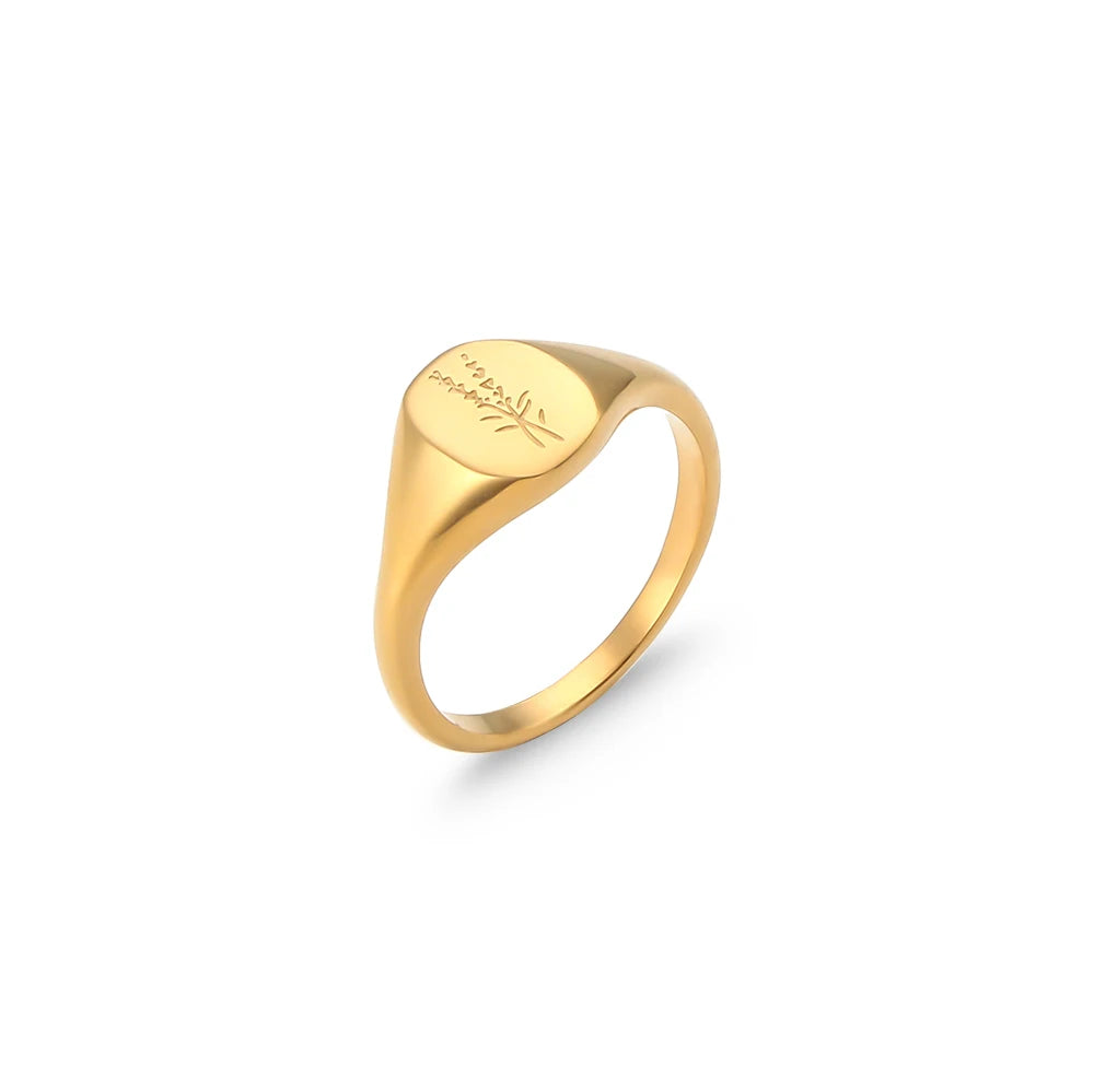 Engraved Wildflower Signet Ring – Waterproof 18K Gold Plated Ring | Ezra Gems