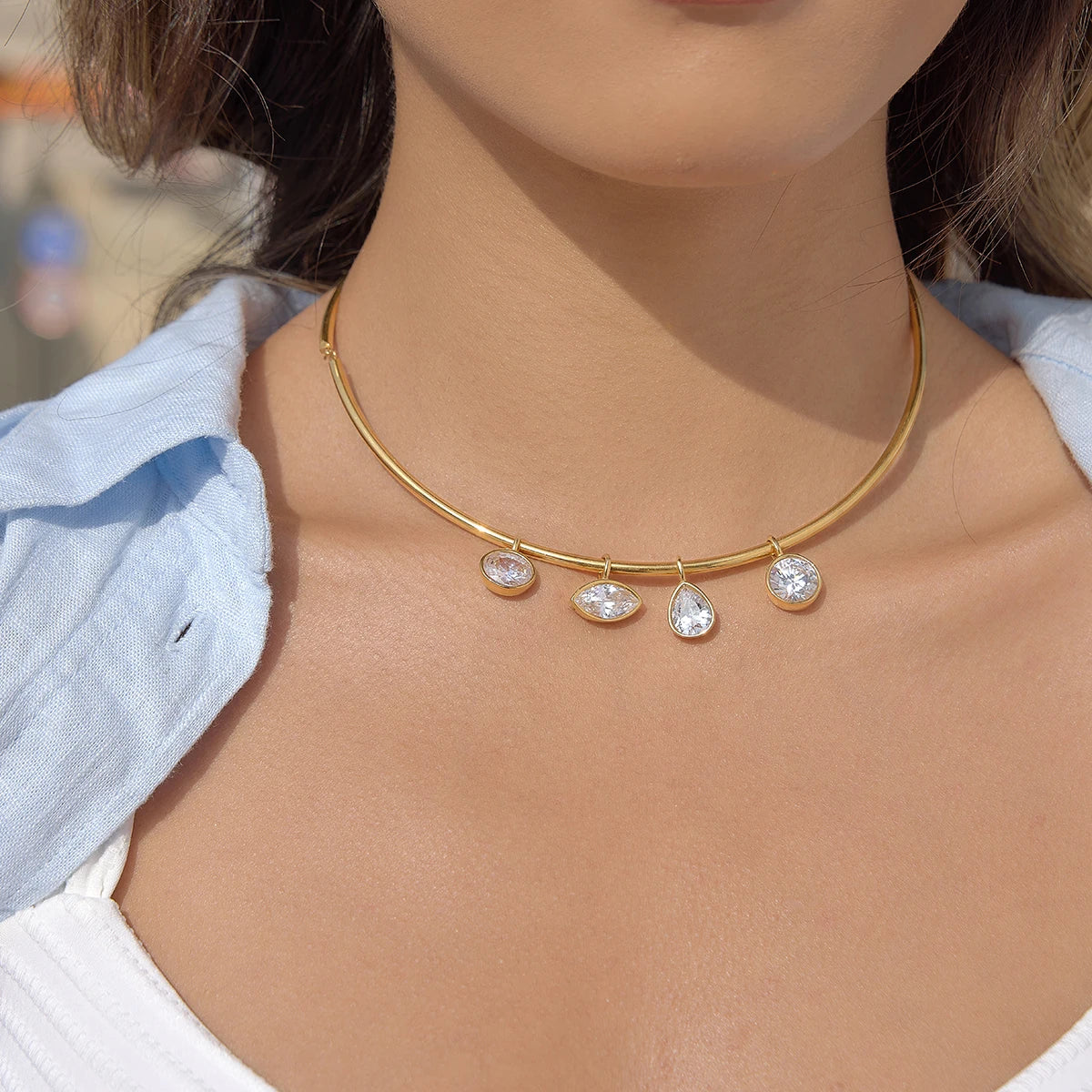 Zircon Charm Rigid Collar Necklace – Waterproof 18K Gold Plated Necklace | Ezra Gems