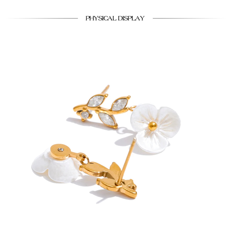 Zirconia Resin Leaf Flower Stud Earrings – Waterproof 18K Gold Plated Earrings | Ezra Gems