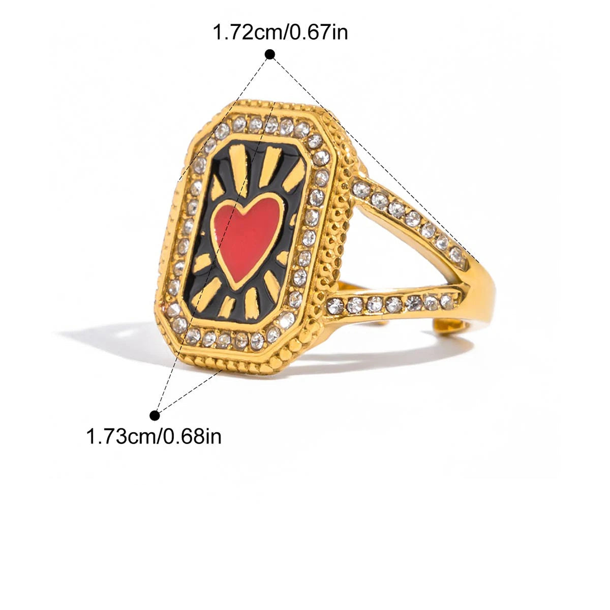 Gold ring with heart design and measurements on a white background