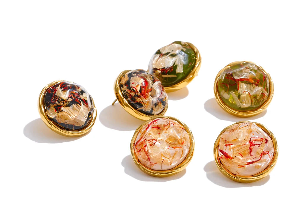 Round Resin Gold Stud Earrings – Waterproof 18K Gold Plated Earrings | Ezra Gems