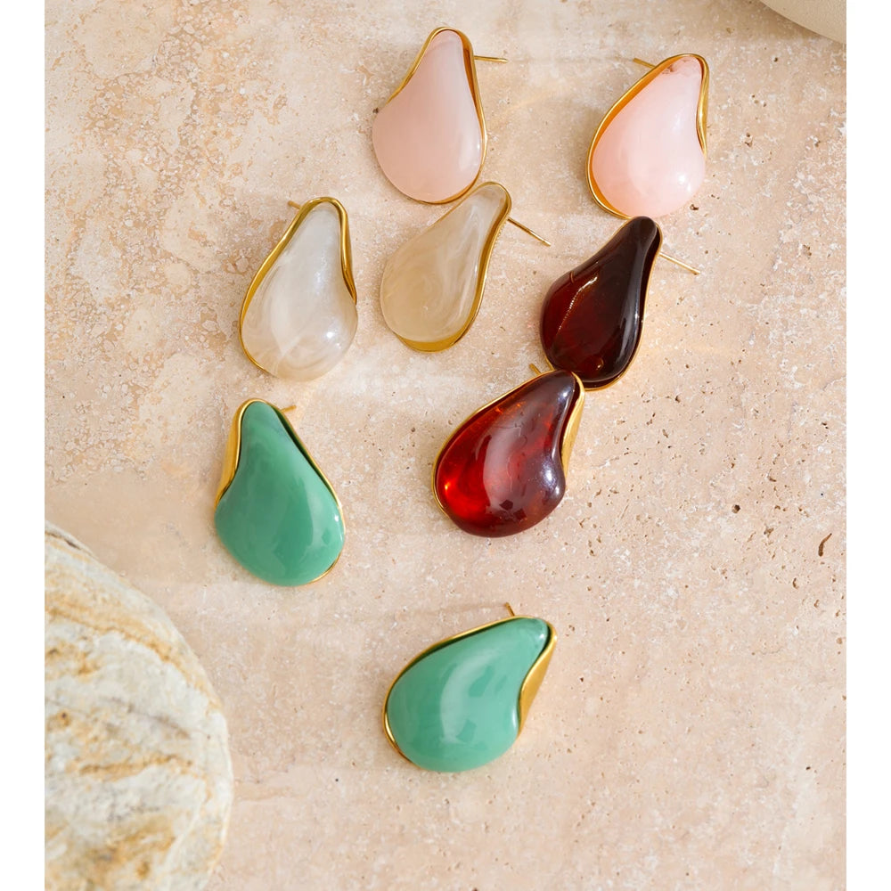 Resin Water Drop Stud Earrings – Waterproof 18K Gold Plated Earrings | Ezra Gems