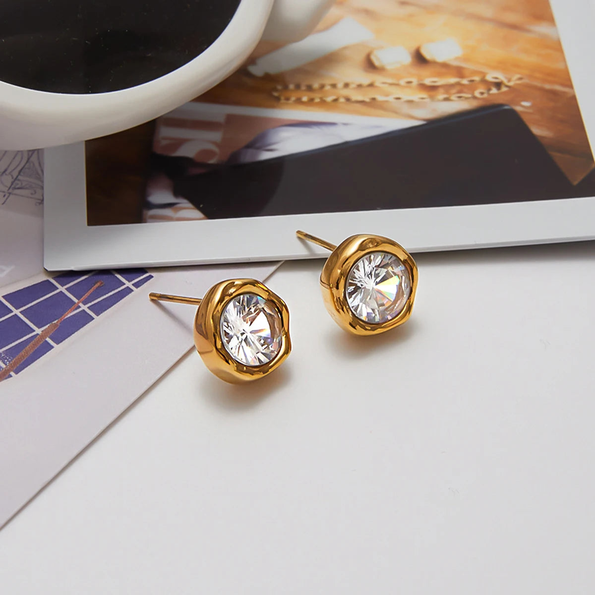 Round Zirconia Gold Halo Stud Earrings – Waterproof 18K Gold Plated Earrings | Ezra Gems