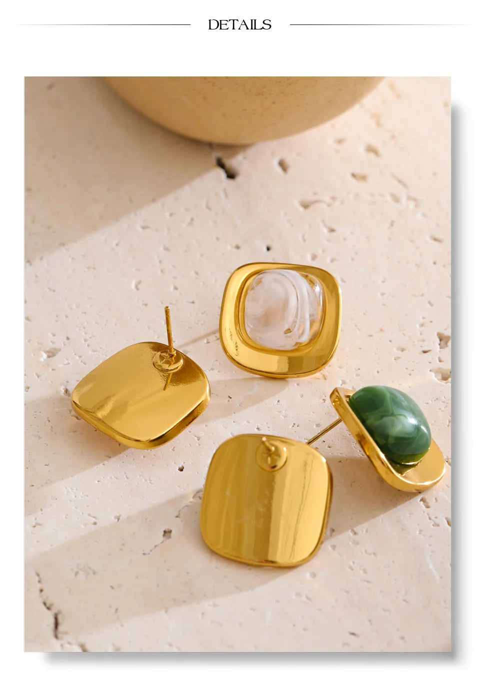 Glossy Resin Square Stud Earrings – Waterproof 18K Gold Plated Earrings | Ezra Gems