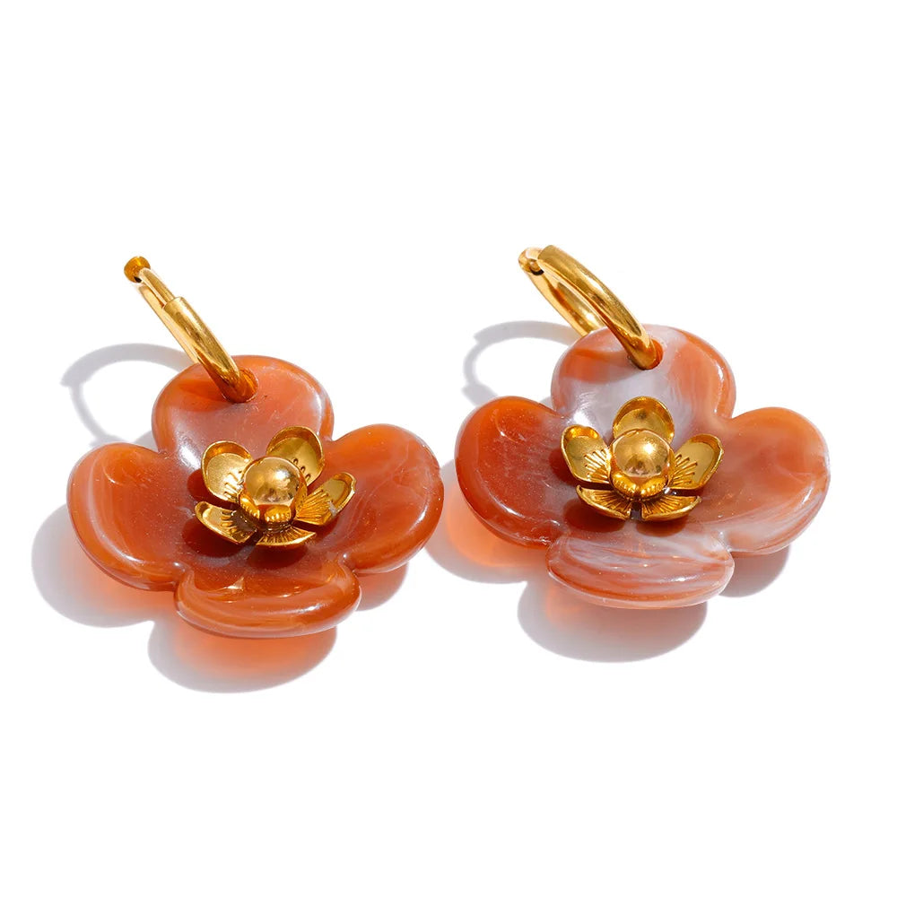 Resin Flower Drop Hoop Earrings – Waterproof 18K Gold Plated Earrings | Ezra Gems