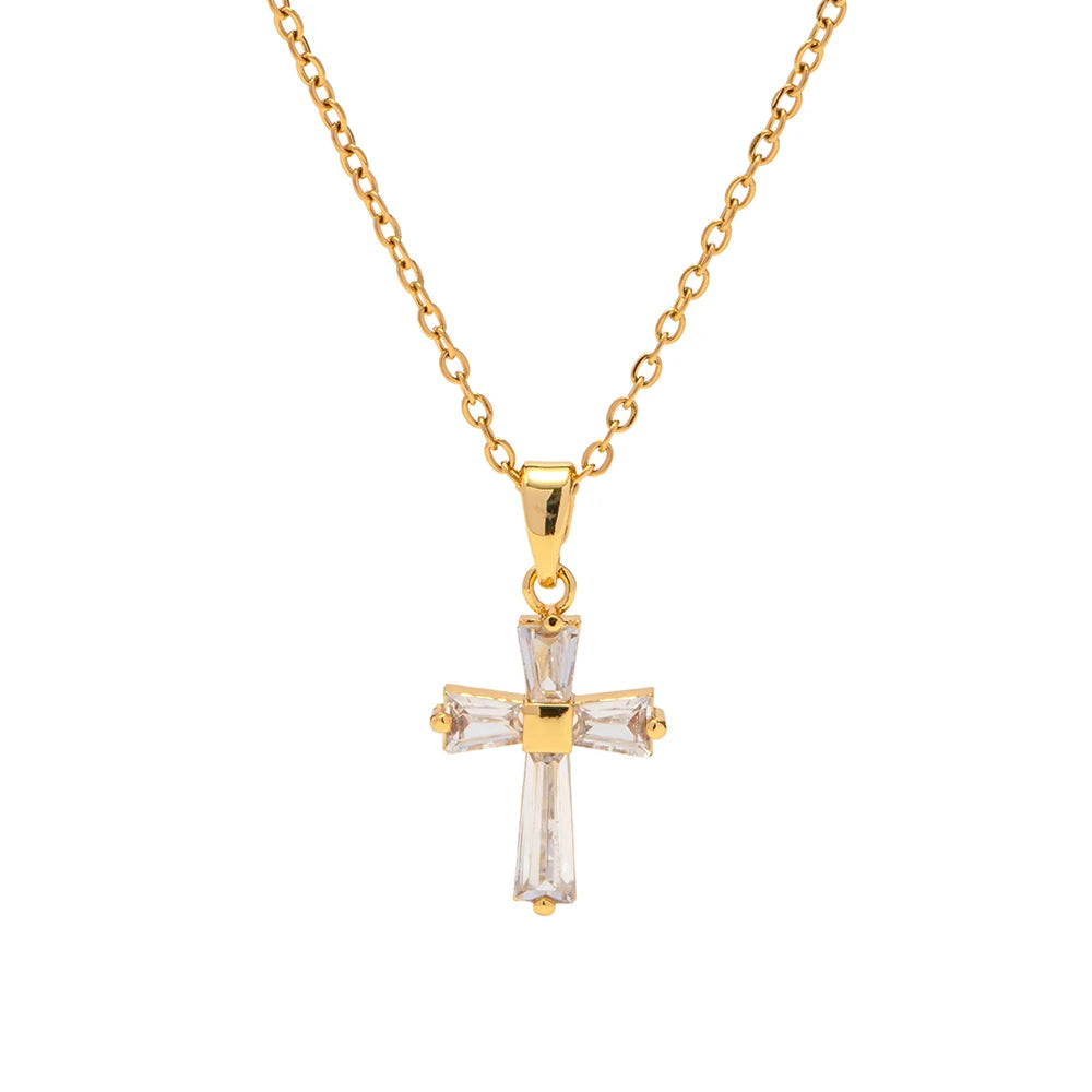 Baguette Zircon Cross Pendant Necklace – Waterproof 18K Gold Plated Necklace | Ezra Gems