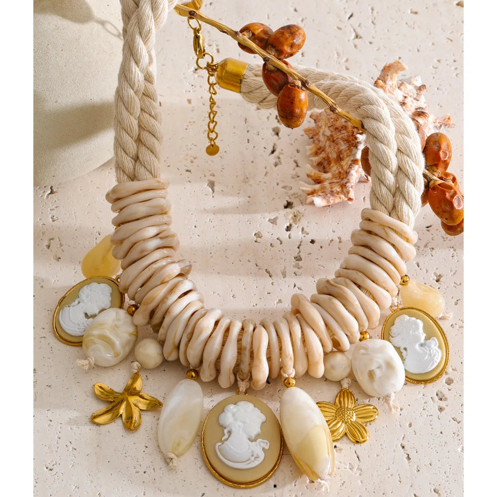 Braided Rope Resin Portrait Charm Necklace – Waterproof 18K Gold Plated Necklace | Ezra Gems