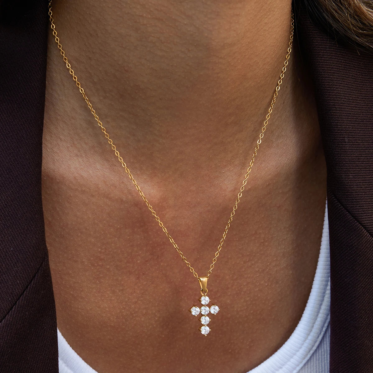 Cubic Zirconia Cross Pendant Necklace – Waterproof 18K Gold Plated Necklace | Ezra Gems