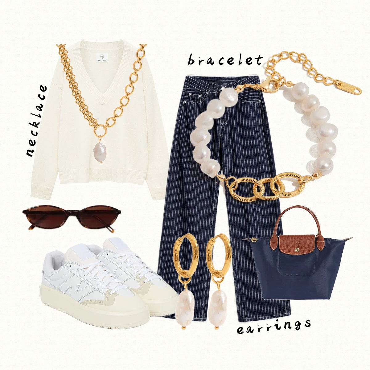 Collection of jewelry and fashion items including a necklace, bracelet, earrings, sunglasses, sneakers, and a handbag on a white background.