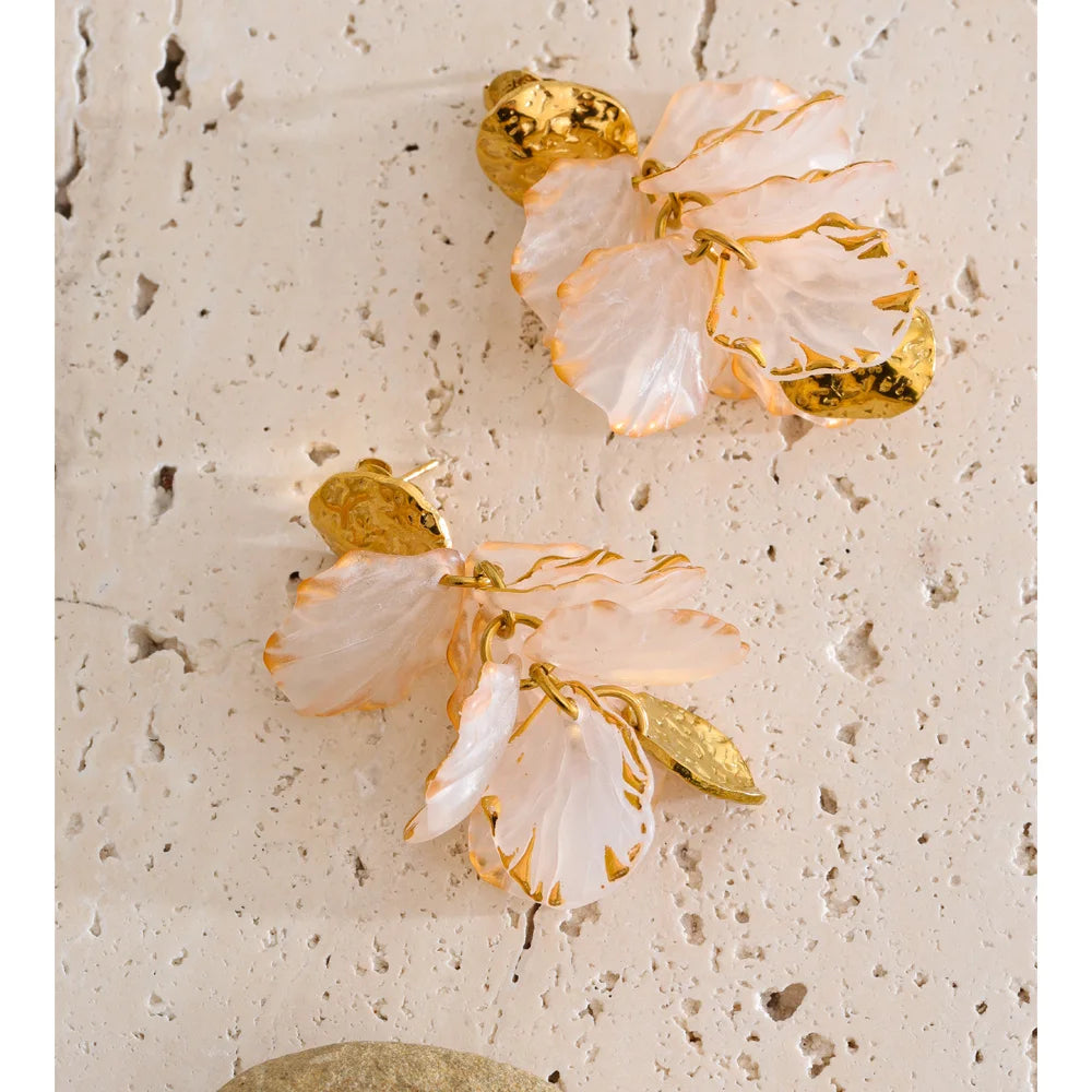 Fairy Resin Flower Petal Drop Earrings – Waterproof 18K Gold Plated Earrings | Ezra Gems