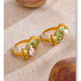 Green Enamel Pearl Flower Ring