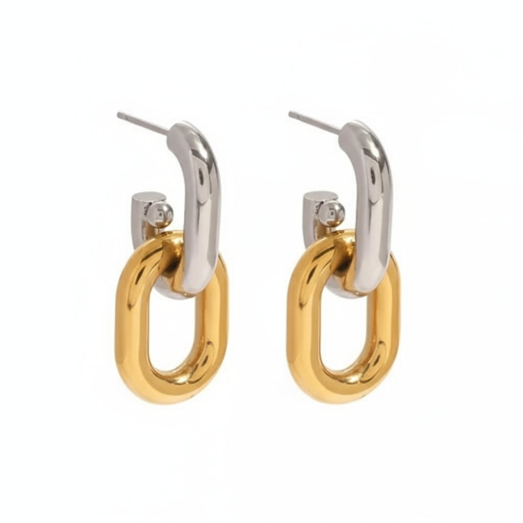 Gold and silver hoop earrings with measurements and product details on a white background