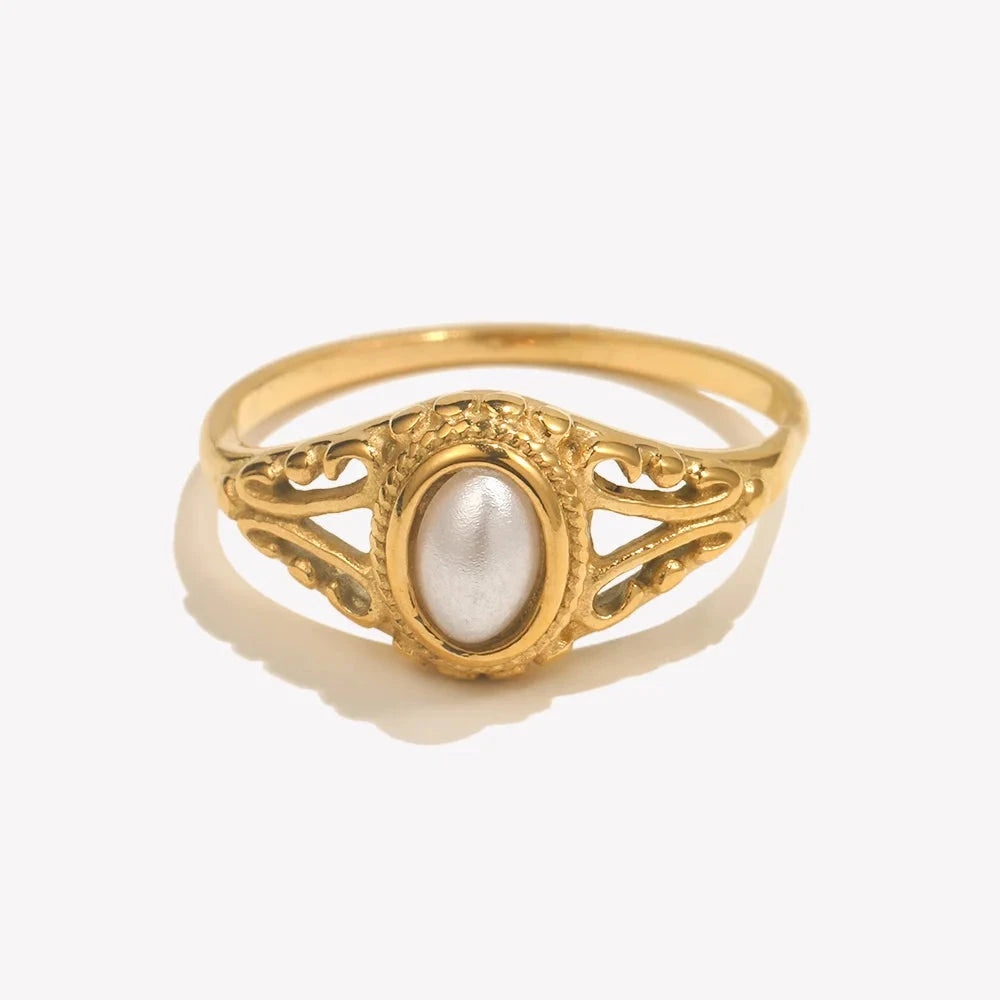 Hollow Texture Pearl Band Ring – Waterproof 18K Gold Plated Ring | Ezra Gems