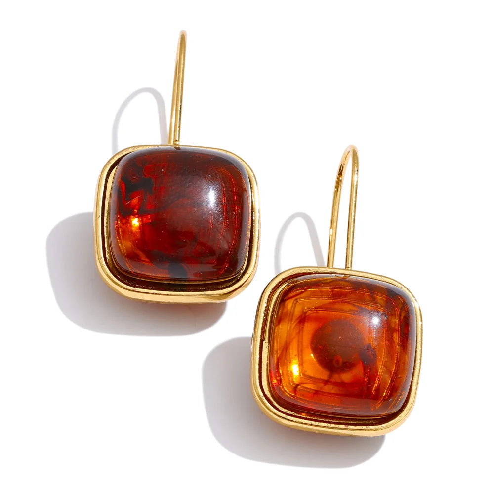 Amber Resin Square Drop Earrings – Waterproof 18K Gold Plated Earrings | Ezra Gems