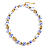 Blue Ceramic Flower Bead Necklace