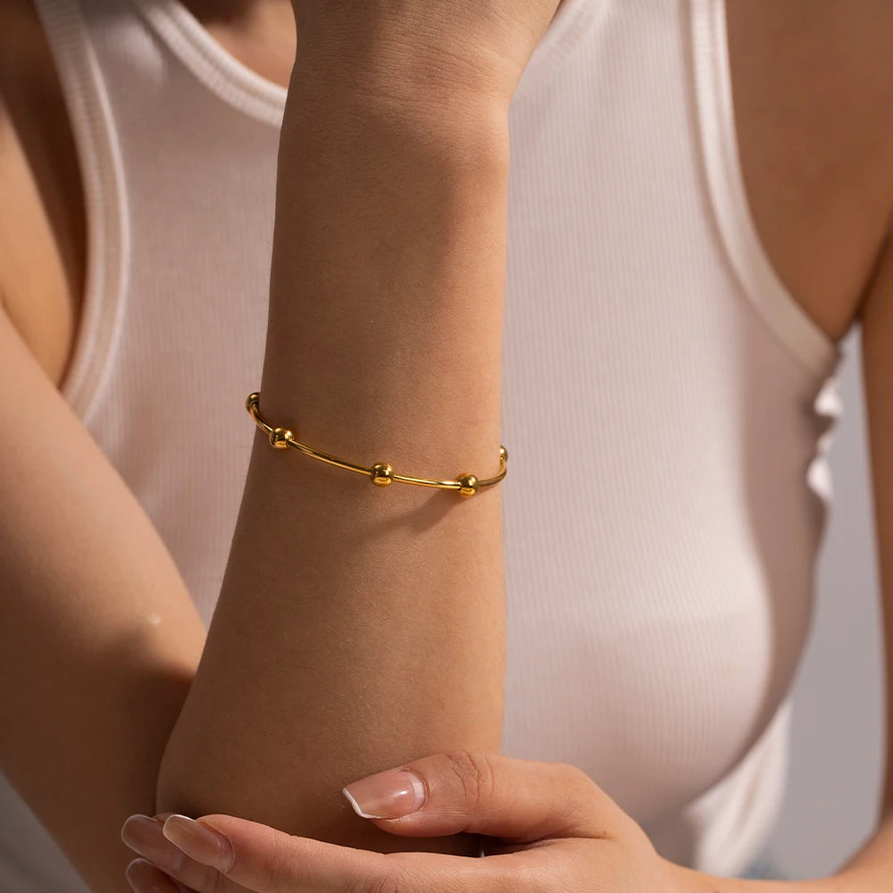 Slim Steel Bead Open Cuff Bracelet – Waterproof 18K Gold Plated Bracelet | Ezra Gems