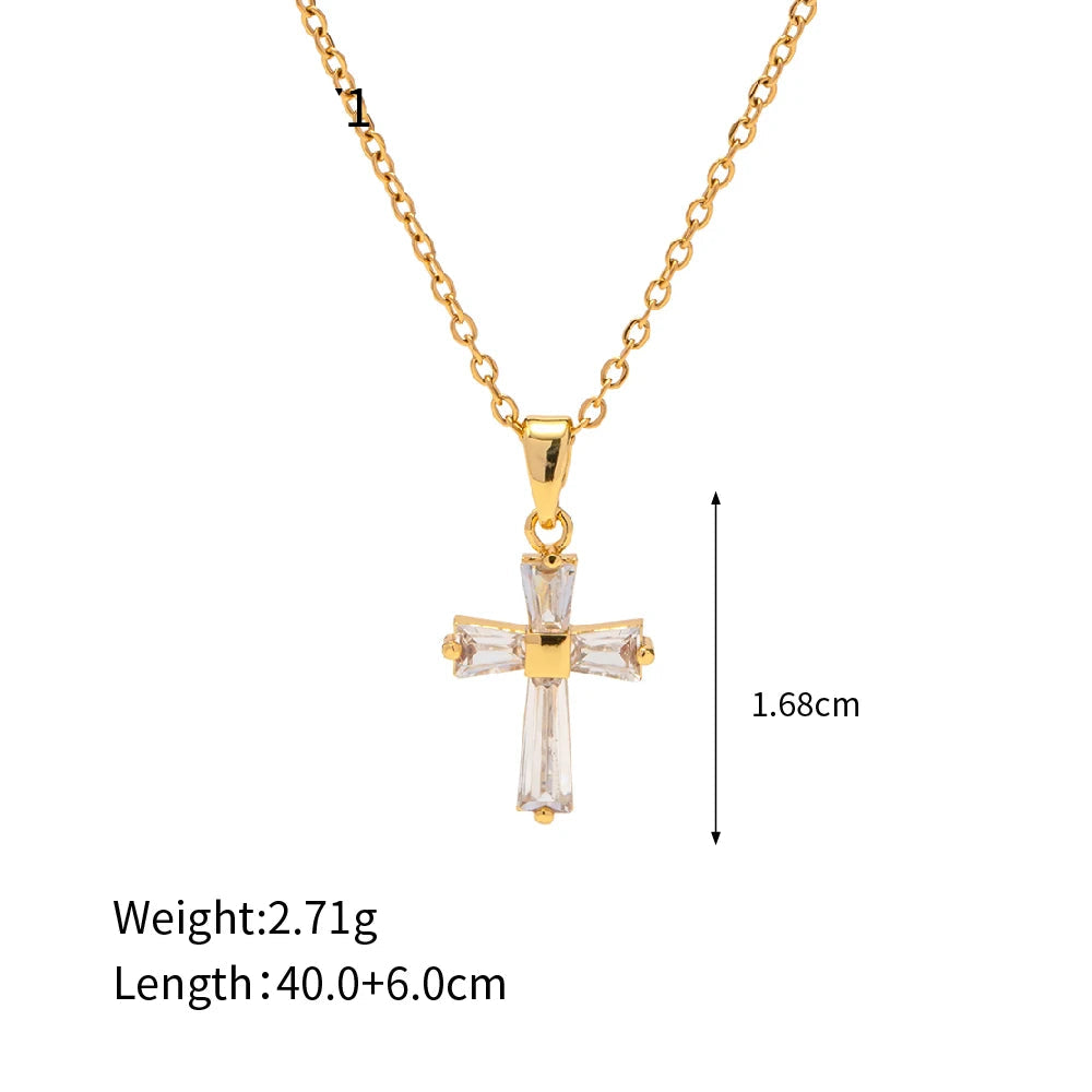 Baguette Zircon Cross Pendant Necklace – Waterproof 18K Gold Plated Necklace | Ezra Gems