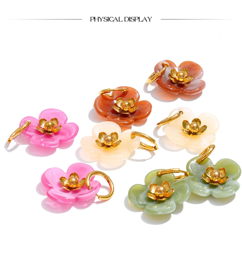 Resin Flower Drop Hoop Earrings – Waterproof 18K Gold Plated Earrings | Ezra Gems