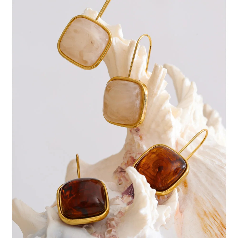 Amber Resin Square Drop Earrings – Waterproof 18K Gold Plated Earrings | Ezra Gems