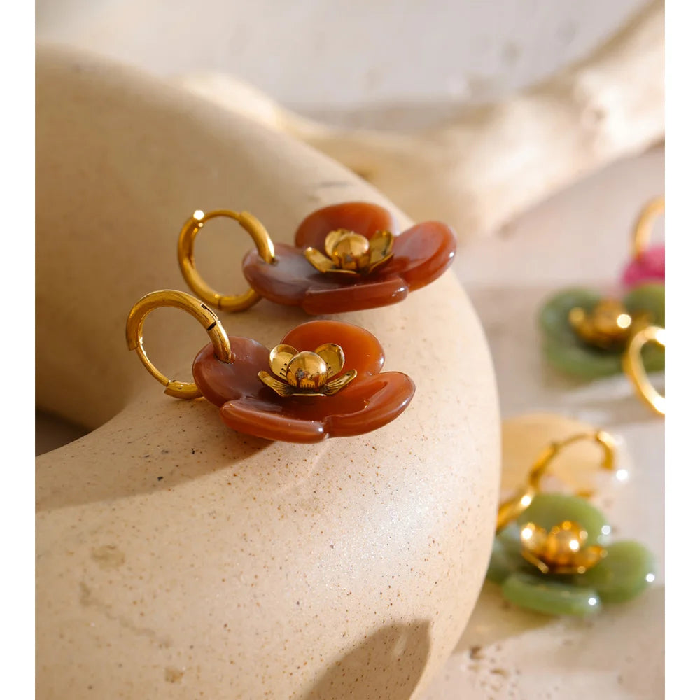 Resin Flower Drop Hoop Earrings – Waterproof 18K Gold Plated Earrings | Ezra Gems