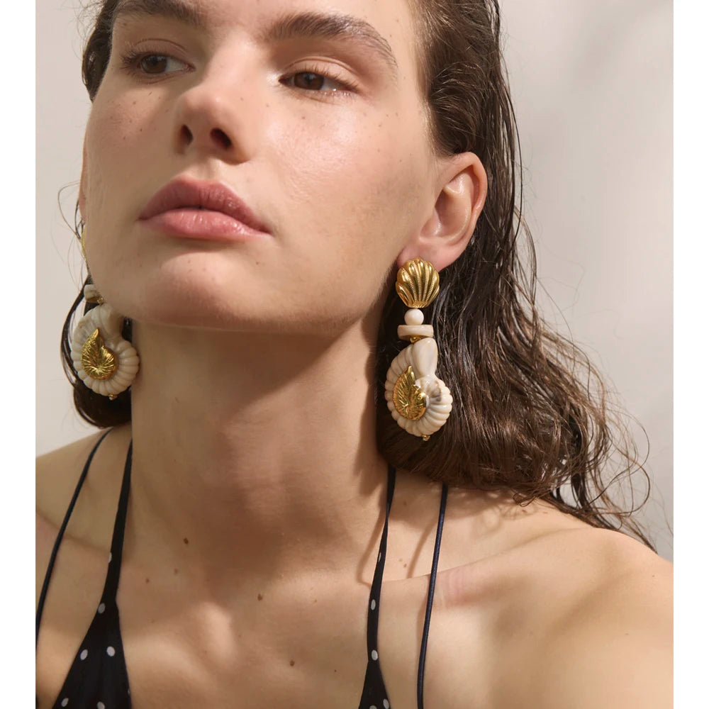 Ocean Resin Shell Conch Drop Earrings – Waterproof 18K Gold Plated Earrings | Ezra Gems